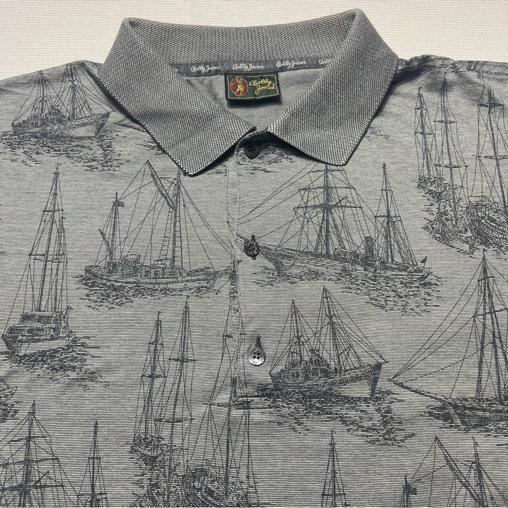 Vintage Bobby Jones Nautical Sailing Ship Print Polo Shirt Mens Grey Sz L